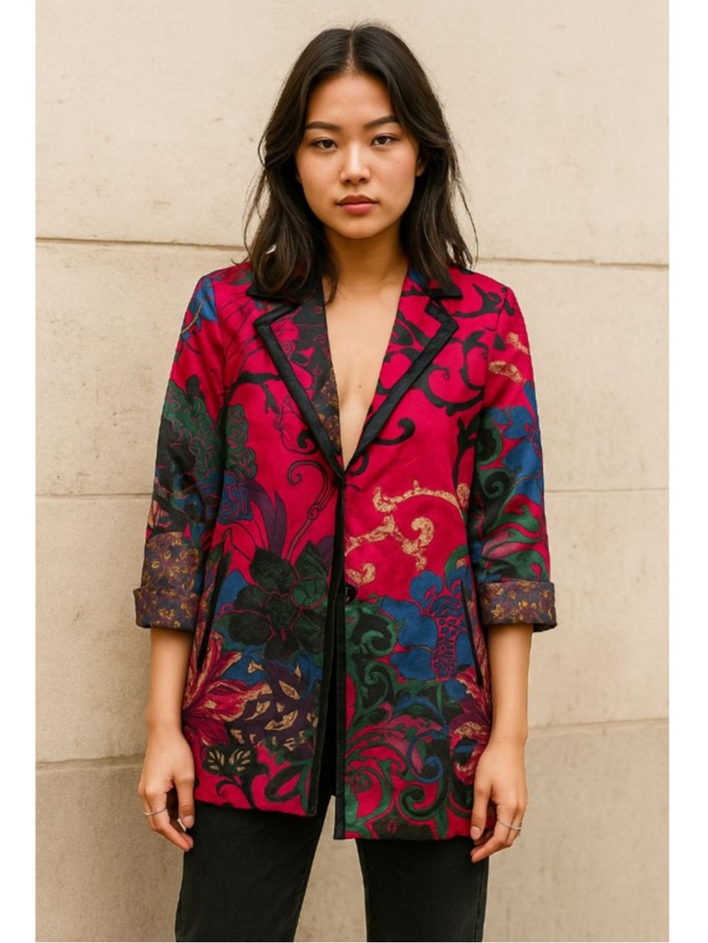 Chico’s Blazer Size 2  Large Colorful Vivid Floral Print Long Line Maximalist